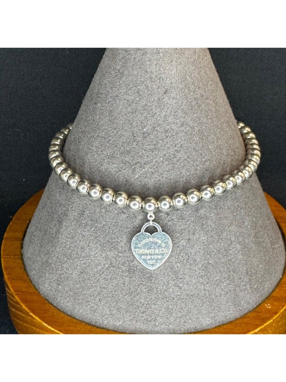 Sterling Silver 925 Tiffany & Co Heart Tag Beaded Chain Bracelet Size 7" Length
